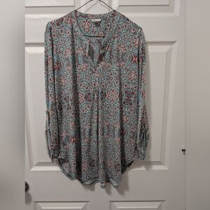 Cato Cream/Teal/Burgundy Blouse Relaxed Mandarin Collar (Very Soft)